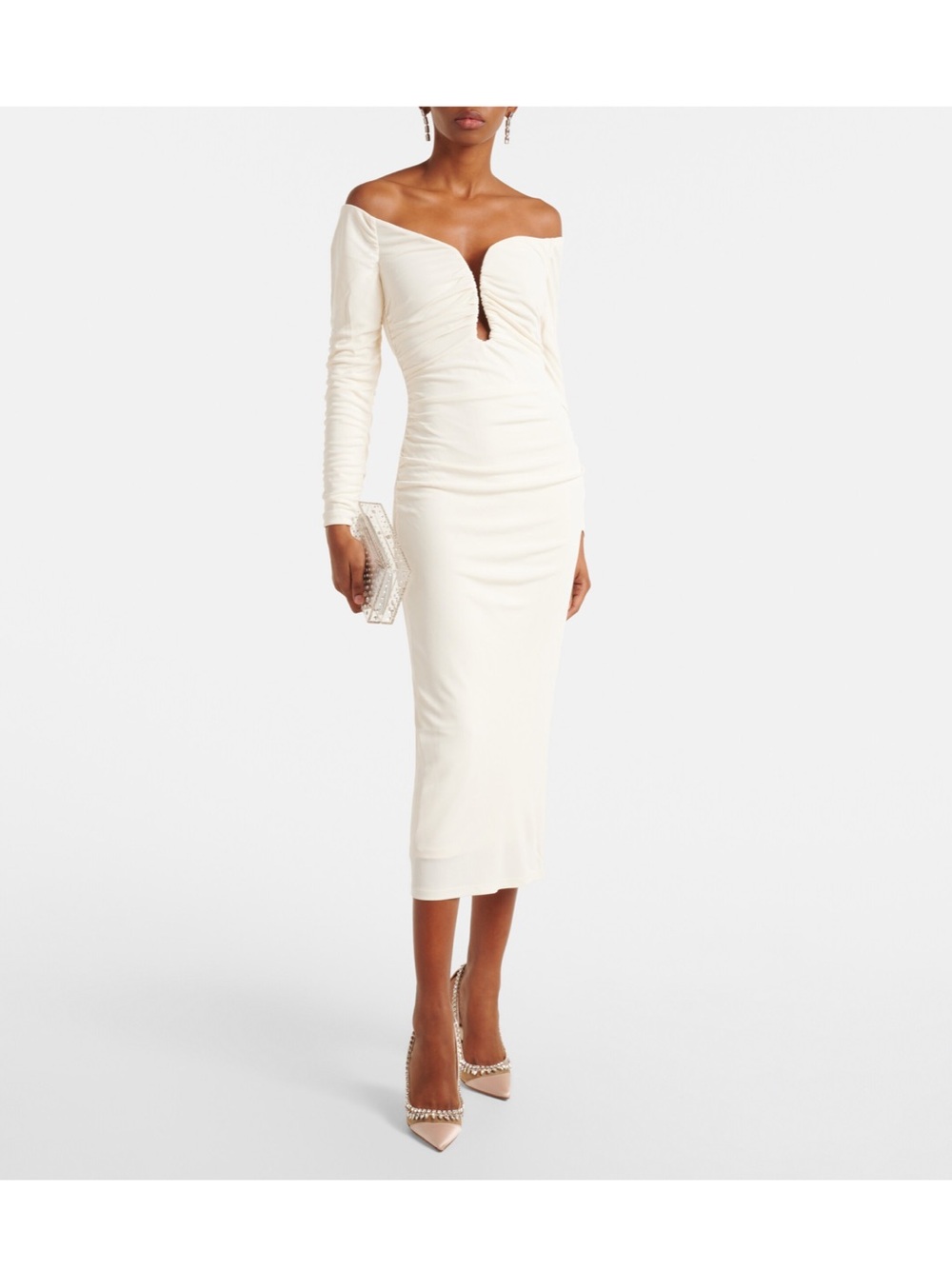 Carolina Herrera White One-Shoulder Ruched V-Neck Midi Dress XS - Picture 10 of 11